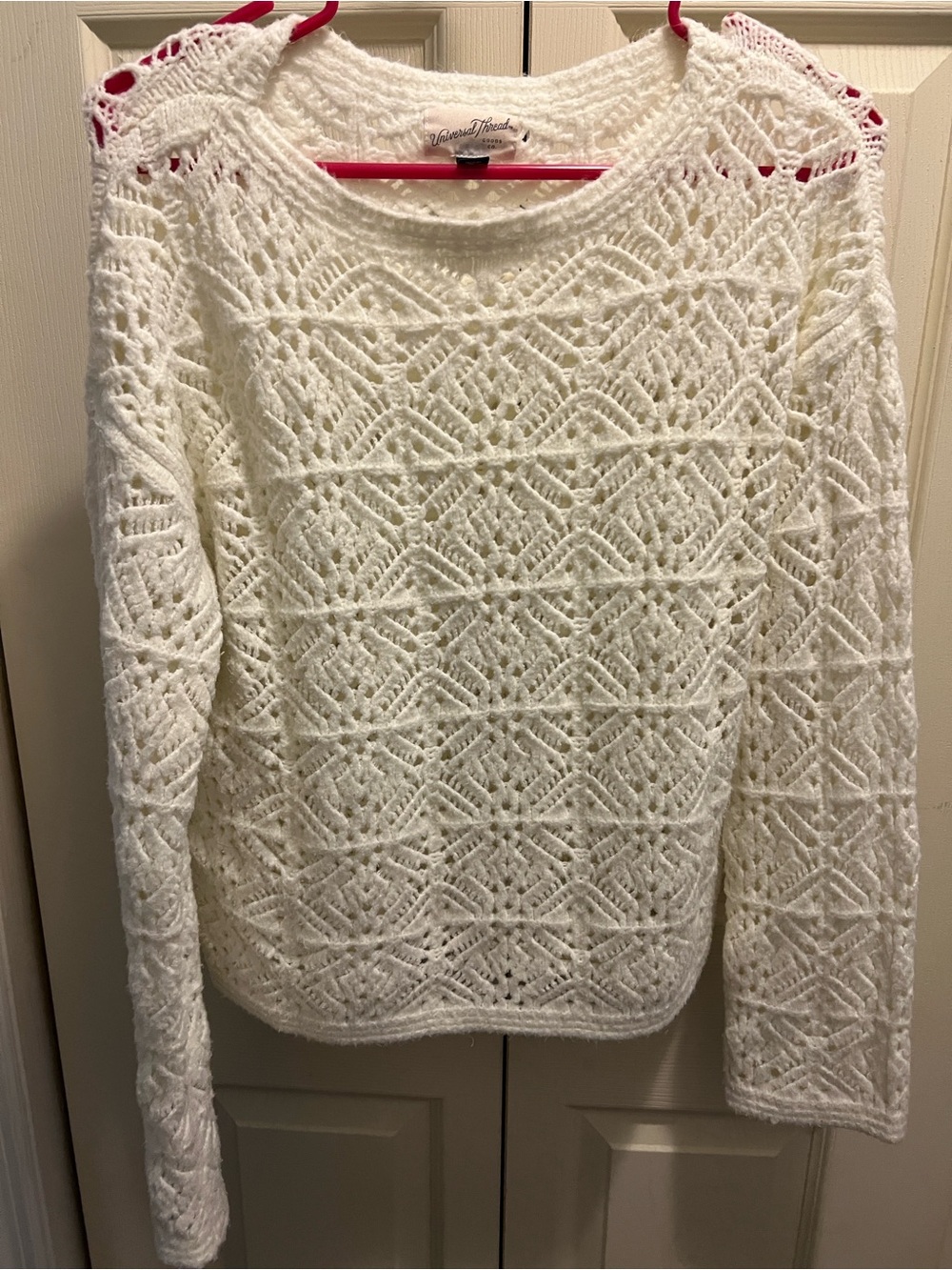 Universal Thread White Openwork Lace-Knit Crewneck Sweater